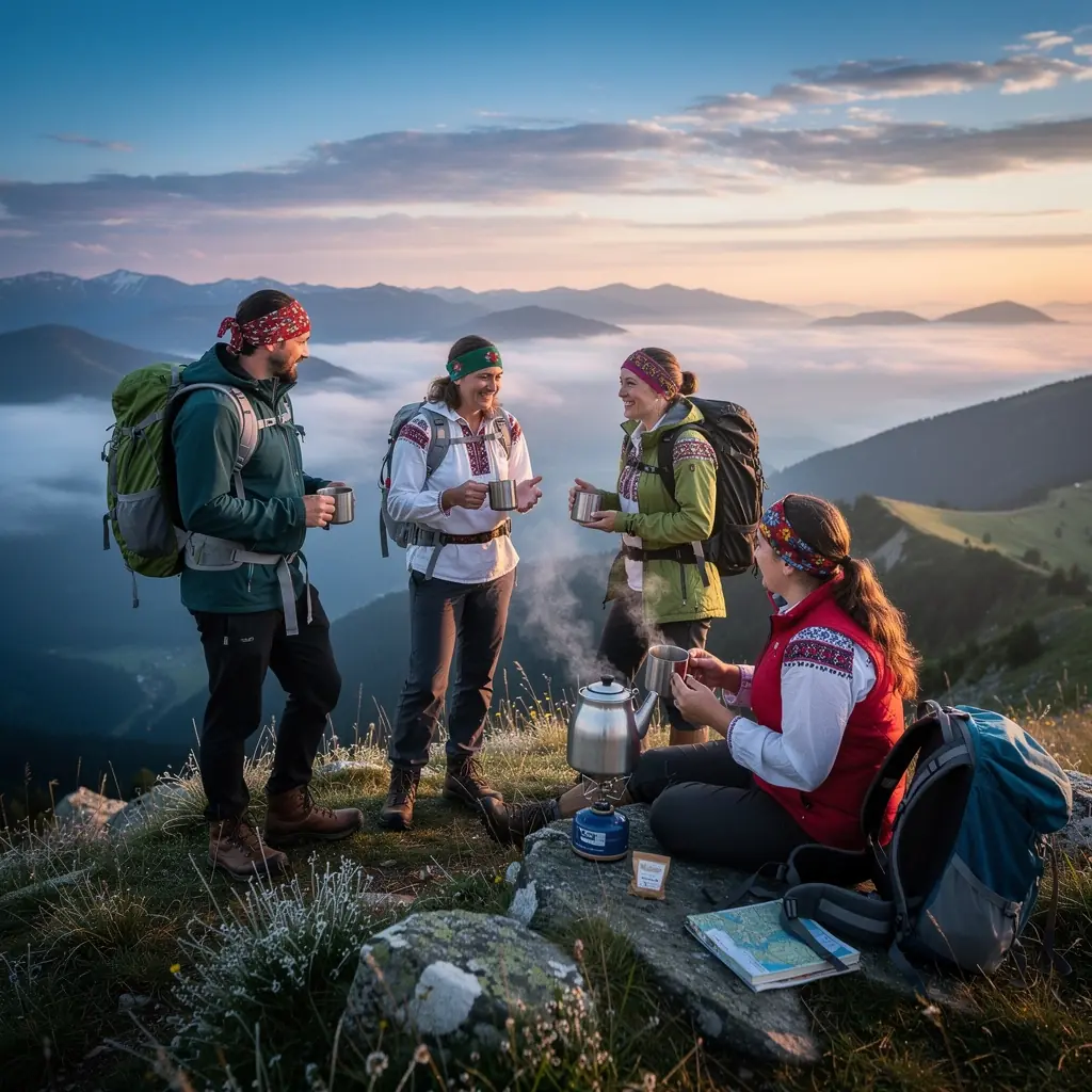 Čajový obrad s tradičnými slovenskými pohárikmi a dekoráciami.